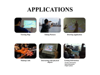 APPLICATIONS
Viewing Map Taking Pictures Drawing Application
Making Calls Interacting with physical
objects
Getting Information
• Product information
• Book Information
• Flight Updates
 