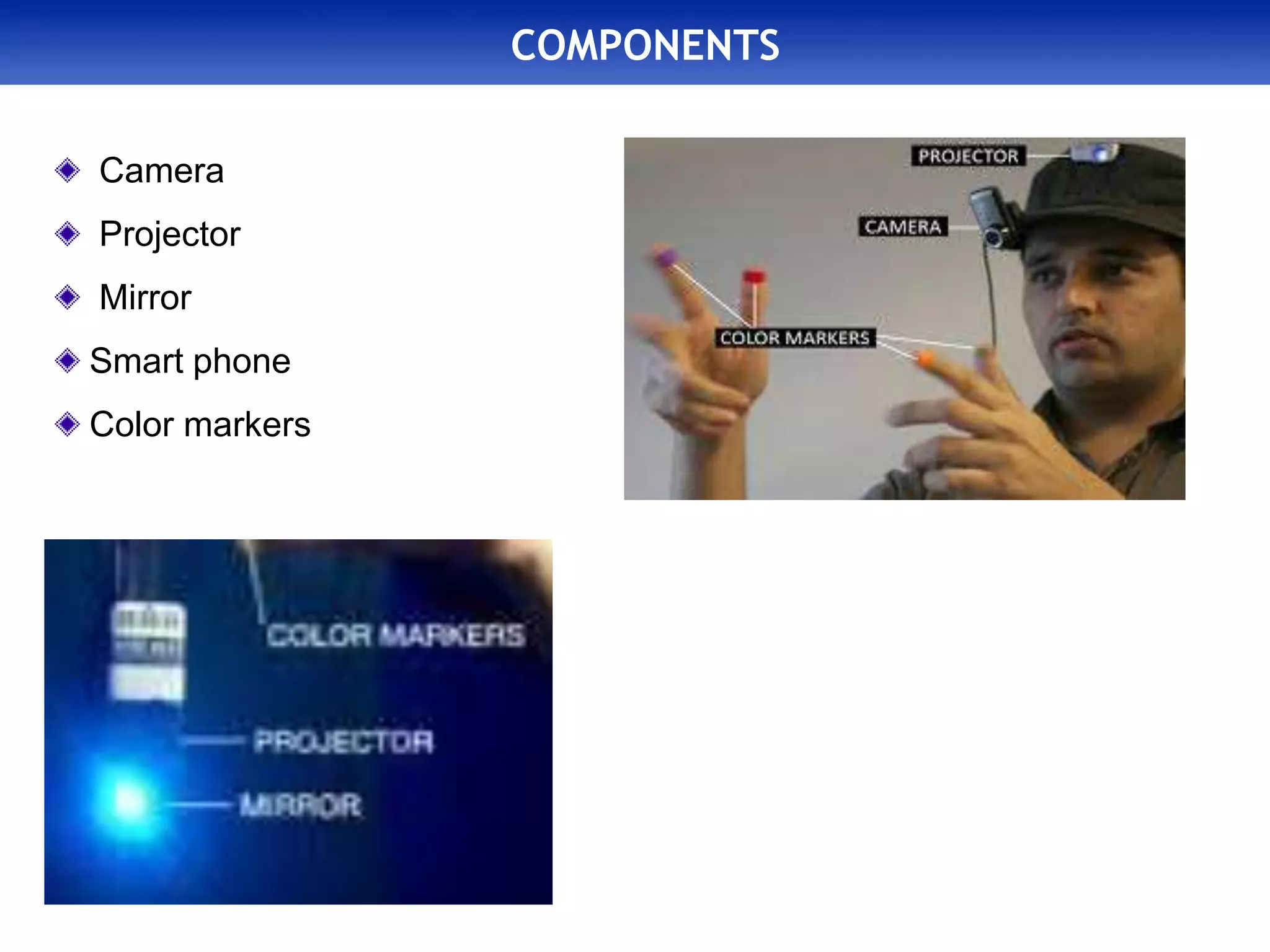 COMPONENTS
Camera
Projector
Mirror
Smart phone
Color markers
 