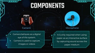 Microphone
COMPONENTS
Camera
Camera behaves as a digital
eye of the system.
Camera is used to capture
images or videos
It is only required when using
paper as an interactive surface
by capturing sound across the
paper medium
t
 