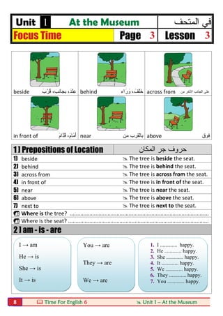  Time For English 6  Unit 1 – At the Museum8
Unit 1 At the Museum ‫اﻟﻣﺗﺣف‬ ‫ﻓﻲ‬
Focus Time Page 3 Lesson 3
beside َ‫ب‬ ْ‫ُر‬‫ﻗ‬ ،‫ﺑﺟﺎﻧب‬ ،َ‫د‬ْ‫ﻧ‬ِ‫ﻋ‬ behind ‫اء‬َ‫ر‬ َ‫و‬ ، َ‫ْف‬‫ﻠ‬َ‫ﺧ‬ across from ‫ﻣن‬ ‫اﻵﺧر‬ ‫اﻟﺟﺎﻧب‬ ‫ﻋﻠﻰ‬
in front of َ‫م‬‫ﱠا‬‫د‬ُ‫ﻗ‬ ،َ‫م‬‫َﺎ‬‫ﻣ‬َ‫أ‬ near ‫ﻣن‬ ‫ﺑﺎﻟﻘرب‬ above ‫ﻓوق‬
1 ] Prepositions of Location ‫اﻟﻣﻛﺎن‬ ‫ﺟر‬ ‫ﺣروف‬
1) beside  The tree is beside the seat.
2) behind  The tree is behind the seat.
3) across from  The tree is across from the seat.
4) in front of  The tree is in front of the seat.
5) near  The tree is near the seat.
6) above  The tree is above the seat.
7) next to  The tree is next to the seat.
 Where is the tree? ............................................................................................
 Where is the seat? .............................................................................................
2 ] am - is - are
I → am
He → is
She → is
It → is
You → are
They → are
We → are
1. I ............. happy.
2. He ............. happy.
3. She ............. happy.
4. It ............. happy.
5. We ............. happy.
6. They ............. happy.
7. You ............. happy.
 