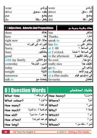 Time For English 6  Unit 4 – Visiting a Film Studio98
wear ‫ﯾﺮﺗﺪي‬ wore َ‫أرﺗﺪي‬
drive ‫ﯾﺴﻮق‬ ، ‫ﯾﻘﻮد‬ drove َ‫ق‬‫ﺳﺎ‬ ، َ‫د‬‫ﻗﺎ‬
put ‫ﯾﻀﻊ‬ put َ‫ﻊ‬‫وﺿ‬
do ‫ﯾﻨﻔﺬ‬ ، ‫ﯾﻔﻌﻞ‬ did ‫ﻓﻌﻞ‬‫ﻧﻔﺬ‬ ،
7 ] Adjectives , Adverbs And Prepositions  
there ‫ھﻨﺎك‬ late ‫ﻣﺘﺄﺧﺮ‬
here ‫ھﻨﺎ‬ Thanks. َ‫ا‬‫ﺷﻜﺮ‬.
right now ‫اﻵن‬ ،ً‫ﻻ‬‫ﺣﺎ‬ speak to ‫إﻟﻲ‬ ‫ﯾﺘﻜﻠﻢ‬
back ‫اﻟﻮراء‬ ‫إﻟﻰ‬ ،‫ﻟﻠﻮراء‬ late for ‫ﻋﻠﻰ‬ ‫ﻣﺘﺄﺧﺮ‬...
Sorry. ‫آﺳﻒ‬. at 1: 00 ‫اﻟﺴﺎﻋﺔ‬ ‫ﻓﻲ‬١
Sure. ‫ﺑﺎﻟﺘ‬‫ﺄﻛﯿﺪ‬. at 2 o'clock ‫اﻟﺴﺎﻋﺔ‬ ‫ﻓﻲ‬٢ً‫ﺎ‬‫ﺗﻤﺎﻣ‬
good ‫ﺟﯿﺪ‬ in the afternoon ‫اﻟﻈﮭﯿﺮة‬ ‫وﻗﺖ‬ ‫ﻓﻲ‬
with my family ‫ﻋﺎﺋﻠﺘﻲ‬ ‫ﻣﻊ‬ So cool. ً‫ا‬‫ﺟﺪ‬ ‫راﺋﻊ‬.
yesterday ‫اﻟﺒﺎرﺣﺔ‬ ، ‫أﻣﺲ‬ really nice ً‫ا‬‫ﺟﺪ‬ ‫ﻟﻄﯿﻒ‬
today ‫اﻟﯿﻮم‬ go to ‫إﻟﻲ‬ ‫ﯾﺬھﺐ‬
tonight ‫اﻟﻠﯿﻠﺔ‬ on Sunday ‫اﻷﺣﺪ‬ ‫ﯾﻮم‬ ‫ﻓﻲ‬
tomorrow ً‫ا‬‫ﻏﺪ‬ at a film studio ‫ﻓﯿﻠﻢ‬ ‫أﺳﺘﻮدﯾﻮ‬ ‫ﻓﻲ‬
talk to ‫ﻣﻊ‬ ‫ﯾﺘﺤﺪث‬ favourite ‫ﱠﻞ‬‫ﻀ‬َ‫ﻔ‬ُ‫ﻣ‬
8 ] Question Words 
What time ‫؟‬ ‫وﻗﺖ‬ ‫أي‬ ‫ﻓﻲ‬ How heavy? ‫وزن؟‬ ‫ﻣﺎ‬
What colour? ‫؟‬ ‫ﻟﻮن‬ ‫ﻣﺎ‬ Where? ‫أﯾﻦ؟‬
How many? ‫ﻋﺪد؟‬ ‫ﻛﻢ‬ When? ‫؟‬ ‫ﻣﺘﻰ‬
How much? ‫ﺛﻤﻦ؟‬ ‫ﻣﺎ‬ ، ‫؟‬ ‫ﻛﻤﯿﺔ‬ ‫ﻛﻢ‬ Why? ‫؟‬ ‫ﻟﻤﺎذا‬
How old? ‫ﺳﻦ؟‬ ‫ﻣﺎ‬ ، ‫ﻋﻤﺮ؟‬ ‫ﻣﺎ‬ Which? ‫؟‬ ‫أي‬
How often? ‫اﻟﻤﺮات؟‬ ‫ﻋﺪد‬ ‫ﻛﻢ‬ Who? ‫؟‬ ‫ﻣﻦ‬
How long? ‫ﻣﺪة؟‬ ‫ﻣﺎ‬ Whose? ‫؟‬ ‫ﻣﻦ‬ ‫ﻣﻠﻚ‬ ، ‫؟‬ ‫ﻟﻤﻦ‬
 