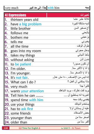  Time For English 6  Unit 5 – In Town118
very much ‫ﻛﺒﯿﺮ‬ ‫ﺣﺪ‬ ‫إﻟﻰ‬ ،ً‫ا‬ّ‫ﺪ‬ِ‫ﺟ‬ with him ‫ﻣﻌﮫ‬
4 ] Expressions ‫ﺗﻌﺒﯿﺮات‬
1. thirteen years old ‫ﻋﺎﻣﺎ‬ ‫ﻋﺸﺮ‬ ‫ﺛﻼﺛﺔ‬
2. have a big problem ‫ﻛﺒﯿﺮة‬ ‫ﻣﺸﻜﻠﺔ‬ ‫ﻟﺪﯾﮫ‬
3. little brother ‫اﻟﺴﻦ‬ ‫ﺻﻐﯿﺮ‬ ‫أخ‬
4. follows me ‫ﯾﺘﺘﺒﻌﻨ‬‫ﻲ‬
5. bothers me ‫ﯾﺰﻋﺠﻨﻲ‬
6. tells me ‫ﯾﺨﺒﺮﻧﻲ‬
7. all the time ‫اﻟﻮﻗﺖ‬ ‫طﻮال‬
8. goes into my room ‫ﺣﺠﺮﺗﻲ‬ ‫ﯾﺪﺧﻞ‬
9. takes my things ‫أﺷﯿﺎﺋﻲ‬ ‫ﯾﺄﺧﺬ‬
10. without asking ‫إذن‬ ‫ﺑﺪون‬
11. to be patient ً‫ا‬‫ﺻﺒﻮر‬ ‫ﺗﻜﻮن‬ ‫أن‬
12. I'm older. )‫أﻧﺎ‬(ً‫ﺎ‬‫ﺳﻨ‬ ‫اﻷﻛﺒﺮ‬.
13. I'm younger. )‫أﻧﺎ‬(ً‫ﺎ‬‫ﺳﻨ‬ ‫اﻷﺻﻐﺮ‬.
14. It's not fair. ‫اﻹﻧﺼﺎف‬ ‫ﻣﻦ‬ ‫ﻟﯿﺲ‬ ‫إﻧﮫ‬.‫ﻋﺪل‬ ‫ﻣﺶ‬ ‫دا‬ ،.
15. What can I do ? ‫؟‬ ‫أﻓﻌﻞ‬ ‫أن‬ ‫ﯾﻤﻜﻨﻨﻲ‬ ‫ﻣﺎذا‬
16. very much ً‫ا‬‫ﺟﺪ‬ ً‫ا‬‫ﻛﺜﯿﺮ‬
17. wants your attention ‫اﻧﺘﺒﺎھﻚ‬ ‫ﯾﺮﯾﺪ‬ ، ‫ﻧﻈﺮك‬ ‫ﻟﻔﺖ‬ ‫ﯾﺮﯾﺪ‬
18. Tell him he can ....... ‫أن‬ ‫ﯾﺴﺘﻄﯿﻊ‬ ‫اﻧﮫ‬ ‫اﺧﺒﺮﯾﮫ‬....
19. spend time with him ‫ﻣﻌﮫ‬ ‫وﻗﺖ‬ ‫ﯾﻘﻀﻲ‬
20. use your things ‫ﯾ‬‫أﺷﯿﺎﺋﻚ‬ ‫ﺴﺘﺨﺪم‬
21. has to ask first ‫أوﻻ‬ ‫ﯾﺴﺘﺄذن‬ ‫أن‬ ‫ﻋﻠﯿﮫ‬
22. some friends ‫اﻷﺻﺪﻗﺎء‬ ‫ﺑﻌﺾ‬
23. younger than ‫ﻣﻦ‬ ً‫ﺎ‬‫ﺳﻨ‬ ‫أﺻﻐﺮ‬
24. older than ‫ﻣﻦ‬ ً‫ﺎ‬‫ﺳﻨ‬ ‫أﻛﺒﺮ‬
 