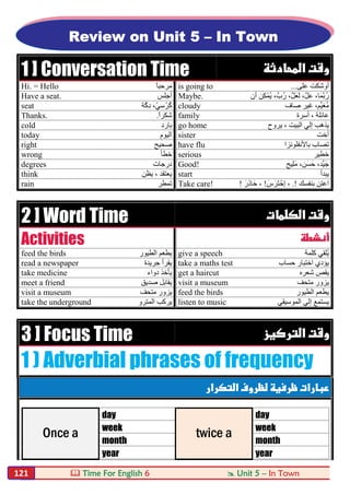  Time For English 6  Unit 5 – In Town121
1 ] Conversation Time 
Hi. = Hello ً‫ﺎ‬‫ﻣﺮﺣﺒ‬ is going to ‫ﻋﻠﻰ‬ ‫أوﺷﻜﺖ‬...
Have a seat. ‫أﺟﻠﺲ‬ Maybe. ‫أن‬ ‫ِﻦ‬‫ﻜ‬ْ‫ﻤ‬ُ‫ﯾ‬ ،‫ُبﱠ‬‫ر‬ ،‫ﱠ‬‫ﻞ‬َ‫ﻌ‬َ‫ﻟ‬ ،‫ﱠ‬‫ﻞ‬َ‫ﻋ‬ ،‫َﺎ‬‫ﻤ‬‫ﱠ‬‫ﺑ‬ُ‫ر‬
seat ‫ﱠﺔ‬‫ﻛ‬ِ‫د‬ ،ّ‫ﻲ‬ِ‫ﺳ‬ْ‫ُﺮ‬‫ﻛ‬ cloudy ‫ﺻﺎف‬ ‫ﻏﯿﺮ‬ ،‫ﱢﻢ‬‫ﯿ‬‫ُﻐ‬‫ﻣ‬
Thanks. ً‫ا‬‫ﺷﻜﺮ‬. family ‫أﺳﺮة‬ ، ‫ﻋﺎﺋﻠﺔ‬
cold ‫ﺑﺎرد‬ go home ‫ﯾﺮوح‬ ، ‫اﻟﺒﯿﺖ‬ ‫إﻟﻲ‬ ‫ﯾﺬھﺐ‬
today ‫اﻟﯿﻮم‬ sister ‫أﺧﺖ‬
right ‫ﺻﺤﯿﺢ‬ have flu ‫ﺑﺎﻷﻧﻔﻠﻮﻧﺰا‬ ‫ﺗﺼﺎب‬
wrong ‫ﺧﻄﺄ‬ serious ‫ﺧﻄﯿﺮ‬
degrees ‫درﺟﺎت‬ Good! ‫ِﯿﺢ‬‫ﻠ‬َ‫ﻣ‬ ،‫َﻦ‬‫ﺴ‬َ‫ﺣ‬ ،‫ﱢﺪ‬‫ﯿ‬َ‫ﺟ‬
think ‫ﯾﻈﻦ‬ ، ‫ﯾﻌﺘﻘﺪ‬ start ‫ﯾﺒﺪأ‬
rain ‫ﺗﻤﻄﺮ‬ Take care! ‫ﺑﻨﻔﺴﻚ‬ ‫اﻋﺘﻦ‬.!،َ‫س‬َ‫َﺮ‬‫ﺘ‬ْ‫ِﺣ‬‫إ‬!َ‫َر‬‫ذ‬‫ﺎ‬َ‫ﺣ‬ ،!
2 ] Word Time  
Activities 
feed the birds ‫اﻟﻄﯿﻮر‬ ‫ﯾﻄﻌﻢ‬ give a speech ‫ﻛﻠﻤﺔ‬ ‫ُﻠﻘﻲ‬‫ﯾ‬
read a newspaper ‫ﺟﺮﯾﺪة‬ ‫ﯾﻘﺮأ‬ take a maths test ‫ﺣﺴﺎب‬ ‫اﺧﺘﺒﺎر‬ ‫ﯾﺆدي‬
take medicine ‫دواء‬ ‫ﯾﺄﺧﺬ‬ get a haircut ‫ﺷﻌﺮه‬ ‫ﯾﻘﺺ‬
meet a friend ‫ﺻﺪﯾﻖ‬ ‫ﯾﻘﺎﺑﻞ‬ visit a museum ‫ﻣﺘﺤﻒ‬ ‫ﯾﺰور‬
visit a museum ‫ﻣﺘﺤﻒ‬ ‫ﯾﺰور‬ feed the birds ‫اﻟﻄﯿﻮر‬ ‫ﯾﻄﻌﻢ‬
take the underground ‫اﻟﻤﺘﺮو‬ ‫ﯾﺮﻛﺐ‬ listen to music ‫اﻟﻤﻮﺳﯿﻘﻲ‬ ‫إﻟﻲ‬ ‫ﯾﺴﺘﻤﻊ‬
3 ] Focus Time  
1 ) Adverbial phrases of frequency
 
Once a
day
twice a
day
week week
month month
year year
Review on Unit 5 – In Town
 