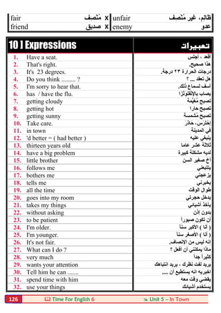  Time For English 6  Unit 5 – In Town126
fair ‫ْﺼِﻒ‬‫ﻨ‬ُ‫ﻣ‬ X unfair ،‫ِﻢ‬‫ﻟ‬‫َﺎ‬‫ظ‬‫ﻏﯿﺮ‬‫ﻒ‬ِ‫ْﺼ‬‫ﻨ‬ُ‫ﻣ‬
friend ‫ﺻﺪﯾﻖ‬ X enemy ‫ﻋﺪو‬
10 ] Expressions  
1. Have a seat. ‫أﺟﻠﺲ‬ ، ‫أﻗﻌﺪ‬
2. That's right. ‫ﺻﺤﯿﺢ‬ ‫ھﺬا‬.
3. It's 23 degrees. ‫اﻟﺤﺮارة‬ ‫درﺟﺎت‬٢٣‫درﺟﺔ‬.
4. Do you think ......... ? ‫ﺗﻌﻘﺪ‬ ‫ھﻞ‬...‫؟‬
5. I'm sorry to hear that. ‫ﻟ‬ ‫آﺳﻒ‬‫ذﻟﻚ‬ ‫ﺴﻤﺎع‬.
6. has / have the flu. ِ‫ﻹ‬‫ﺑﺎ‬ ‫ﯾﺼﺎب‬‫َا‬‫ﺰ‬ْ‫ﻧ‬َ‫ْﻔﻠﻮ‬‫ﻧ‬
7. getting cloudy ‫ﺗﺼﺒﺢ‬‫ﱢﻤ‬‫ﯿ‬‫ُﻐ‬‫ﻣ‬‫ﺔ‬
8. getting hot ‫ﺣﺎرا‬ ‫ﺗﺼﺒﺢ‬
9. getting sunny ‫ُﺸﻤﺴﺔ‬‫ﻣ‬ ‫ﺗﺼﺒﺢ‬
10. Take care. َ‫ر‬َ‫ذ‬‫ﺎ‬َ‫ﺣ‬ ،َ‫س‬َ‫ﺮ‬َ‫ﺘ‬ْ‫ِﺣ‬‫إ‬
11. in town ‫اﻟﻤﺪﯾﻨﺔ‬ ‫ﻓﻲ‬
12. 'd better = ( had better ) ‫ﻋﻠﯿﮫ‬ ‫ﯾﻨﺒﻐﻲ‬
13. thirteen years old ‫ﻋﺸﺮ‬ ‫ﺛﻼﺛﺔ‬‫ﻋﺎﻣﺎ‬
14. have a big problem ‫ﻛﺒﯿﺮة‬ ‫ﻣﺸﻜﻠﺔ‬ ‫ﻟﺪﯾﮫ‬
15. little brother ‫اﻟﺴﻦ‬ ‫ﺻﻐﯿﺮ‬ ‫أخ‬
16. follows me ‫ﯾﺘﺘﺒﻌﻨﻲ‬
17. bothers me ‫ﯾﺰﻋﺠﻨﻲ‬
18. tells me ‫ﯾﺨﺒﺮﻧﻲ‬
19. all the time ‫اﻟﻮﻗﺖ‬ ‫طﻮال‬
20. goes into my room ‫ﺣﺠﺮﺗﻲ‬ ‫ﯾﺪﺧﻞ‬
21. takes my things ‫أﺷﯿﺎﺋﻲ‬ ‫ﯾﺄﺧﺬ‬
22. without asking ‫إذن‬ ‫ﺑﺪون‬
23. to be patient ‫أن‬ً‫ا‬‫ﺻﺒﻮر‬ ‫ﺗﻜﻮن‬
24. I'm older. )‫أﻧﺎ‬(ً‫ﺎ‬‫ﺳﻨ‬ ‫اﻷﻛﺒﺮ‬
25. I'm younger. )‫أﻧﺎ‬(ً‫ﺎ‬‫ﺳﻨ‬ ‫اﻷﺻﻐﺮ‬
26. It's not fair. ‫اﻹﻧﺼﺎف‬ ‫ﻣﻦ‬ ‫ﻟﯿﺲ‬ ‫إﻧﮫ‬.
27. What can I do ? ‫؟‬ ‫أﻓﻌﻞ‬ ‫أن‬ ‫ﯾﻤﻜﻨﻨﻲ‬ ‫ﻣﺎذا‬
28. very much ً‫ا‬‫ﺟﺪ‬ ً‫ا‬‫ﻛﺜﯿﺮ‬
29. wants your attention ‫اﻧﺘﺒﺎھﻚ‬ ‫ﯾﺮﯾﺪ‬ ، ‫ﻧﻈﺮك‬ ‫ﻟﻔﺖ‬ ‫ﯾﺮﯾﺪ‬
30. Tell him he can ....... ‫اﺧﺒﺮ‬‫أن‬ ‫ﯾﺴﺘﻄﯿﻊ‬ ‫اﻧﮫ‬ ‫ﯾﮫ‬....
31. spend time with him ‫ﻣﻌﮫ‬ ‫وﻗﺖ‬ ‫ﯾﻘﻀﻲ‬
32. use your things ‫أﺷﯿﺎﺋﻚ‬ ‫ﯾﺴﺘﺨﺪم‬
 