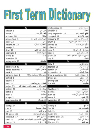129
Aa chicken soup 8 ‫دﺟﺎج‬ ‫ﺷورﺑﺔ‬
a lot of 5 ‫ﻣن‬ ‫ﻛﺛﯾرا‬ children 1 ‫أطﻔﺎل‬
above 3 ‫ﻣن‬ ‫أﻛﺛر‬ ، َ‫ق‬ ْ‫َو‬‫ﻓ‬ chop vegetables 14 ‫اﻟﺧﺿروات‬ ‫ﯾﻘطﻊ‬
accident 20 ‫ﺣﺎدﺛﺔ‬ chopped 15 َ‫م‬َ‫َر‬‫ﻓ‬ ، ‫َقﱠ‬‫ﺷ‬ ،َ‫ﻊ‬َ‫َط‬‫ﻗ‬
across from 3 ‫ﻣن‬ ‫اﻵﺧر‬ ‫اﻟﺟﺎﻧب‬ ‫ﻋﻠﻰ‬ chopping 15 ، ‫اﻟﻔرم‬ ، ‫اﻟﻘطﻊ‬‫اﻟﺷق‬
actor 23 ‫ﻣﻣﺛل‬ churn 5 ‫ﺔ‬َ‫ﺿ‬َ‫ﺧ‬ْ‫ِﻣ‬‫ﻣ‬،‫ﻛﺑﯾره‬ ‫ﺣﻠﯾب‬ ‫ﻋﻠﺑﺔ‬
adventure 23 ‫ة‬َ‫َر‬‫ﻣ‬‫ﺎ‬َ‫ُﻐ‬‫ﻣ‬ ،‫ة‬َ‫ﺎطَر‬َ‫ُﺧ‬‫ﻣ‬ cloudy 25 ‫ﺻﺎف‬ ‫ﻏﯾر‬ ،‫ﱢم‬‫ﯾ‬‫ُﻐ‬‫ﻣ‬
always 21 ‫داﺋﻣﺎ‬ coﬀee 8 ‫ﻗﮭوة‬
A.M. 11 ‫ق‬.‫ظ‬.‫اﻟظﮭر‬ ‫ﻗﺑل‬ ، cone 5 ‫وط‬ُ‫ر‬ ْ‫َﺧ‬‫ﻣ‬،‫اﻟﺑوظﺔ‬ ‫ﻛوز‬
apple pie 8 ‫ﺑﺎﻟﺗﻔﺎح‬ ‫ﻓطﯾرة‬ cost 1 ‫ﯾ‬‫ﱠ‬‫ﻠ‬َ‫ﻛ‬‫ﺛﻣن‬ ‫ﯾﻘدر‬ ، َ‫ف‬
arrive 17 ‫ﯾﺻل‬ crazy 29 ‫ُول‬‫ﺑ‬ْ‫َﺧ‬‫ﻣ‬ ،‫ُون‬‫ﻧ‬ ْ‫َﺟ‬‫ﻣ‬‫اﻟﻌﻘل‬ ‫ﺿﻌﯾف‬ ،
a en on 29 ‫ْﺼﺎت‬‫ﻧ‬ِ‫إ‬ ،‫َﺎه‬‫ﺒ‬ِ‫ﺘ‬ْ‫ﻧ‬ِ‫ا‬ cup 9 ‫ﻓﻧﺟﺎن‬
autographs 20 ‫ﺗوﻗﯾﻌﺎت‬ Dd
Bb daily 1 ‫ﯾوم‬ ‫ﱠ‬‫ل‬‫ﻛ‬ ،ً‫ﺎ‬ّ‫ﯾ‬‫ﯾوﻣ‬
bake bread 26 ‫ﺧﺑز‬ ‫ﯾﺧﺑز‬ degrees 25 َ‫ﺟ‬َ‫دَر‬‫ﺎت‬َ‫ْب‬‫ﺗ‬ُ‫ر‬ ،
baked potatoes 7 ‫ﺑطﺎط‬‫ﻣطﮭﯾﺔ‬ ‫س‬ den st 14 ‫أﺳﻧﺎن‬ ‫طﺑﯾب‬
bank 2 ‫ﺑﻧك‬ do laundry 14 ‫ﯾﻐ‬‫اﻟﻣﻼﺑس‬ ‫ﺳل‬
barber’s shop 2 ‫ﺣﻼﻗﺔ‬ ‫ﺻﺎﻟون‬ ، ‫ﺣﻼﻗﺔ‬ ‫ﻣﺣل‬ drive a sports car 20 ‫رﯾﺎﺿﯾﺔ‬ ‫ﺳﯾﺎرة‬ ‫ﯾﻘود‬
behind 3 ‫َاء‬‫ر‬َ‫و‬ ،َ‫ْﻒ‬‫ﻠ‬َ‫ﺧ‬ drives 21 ‫ﯾ‬َ‫ﻘ‬‫و‬،َ‫د‬‫ﯾ‬َ‫ﺳ‬‫و‬َ‫ق‬
beside 3 َ‫ْب‬‫ﺮ‬ُ‫ﻗ‬ ،‫ﺑﺠﺎﻧﺐ‬ ،َ‫ﺪ‬ْ‫ﻨ‬ِ‫ﻋ‬ driving fast ‫ﯾ‬َ‫ﻘ‬‫و‬َ‫د‬‫ﺑﺳرﻋﺔ‬
best 11 ‫أﺣﺳن‬ ، ‫أروع‬ ، ‫أﻓﺿل‬ due viii ‫ُوب‬‫ﻠ‬ْ‫َط‬‫ﻣ‬
be er 25 ‫َر‬‫ﺑ‬ْ‫ﻛ‬َ‫أ‬ ،‫َم‬‫ظ‬ْ‫َﻋ‬‫أ‬ ،‫َر‬‫ﯾ‬ْ‫َﺧ‬‫أ‬ ،‫َن‬‫ﺳ‬ْ‫َﺣ‬‫أ‬ ،‫د‬ َ‫و‬ ْ‫َﺟ‬‫أ‬ ،‫ْﺿَل‬‫ﻓ‬َ‫أ‬ Ee
bother 29 ‫ﯾ‬،َ‫َك‬‫ﺑ‬ ْ‫ر‬‫ﯾ‬َ‫ﺞ‬َ‫ﻋ‬ْ‫ز‬ Egyp ans 1 ‫ﻣﺻرﯾﯾن‬
bo le 9 ‫زﺟﺎﺟﺔ‬ electric ‫ب‬َ‫ْر‬‫ﮭ‬َ‫ﻛ‬ُ‫ﻣ‬ ،ّ‫ِﻲ‬‫ﺋ‬‫َﺎ‬‫ﺑ‬َ‫ْر‬‫ﮭ‬َ‫ﻛ‬
bowl 9 ‫ﺳﻠطﺎﻧﯾﺔ‬ ever 21 ‫دا‬‫وﻗت‬ ّ‫أي‬ ‫ﻓﻲ‬ ،ً‫ا‬‫أﺑد‬ ،ً‫ﺎ‬‫ﺋﻣ‬
bridge 2 ‫ﻛوﺑري‬ every 5 ‫ِﯾﻊ‬‫ﻣ‬َ‫ﺟ‬ ،ّ‫ل‬ُ‫ﻛ‬
buy groceries 14 ‫ﯾﺷﺗري‬‫ﺳﻠﻊ‬ expensive 13 ‫اﻟﺛﻣن‬ ‫ﻏﺎﻟﻲ‬
Cc Ff
calling 19 ‫ﺑــــ‬ ‫ﯾﺗﺻل‬ factory 5 ‫ﻣﺻﻧﻊ‬
can 9 ‫ﺻﻔﯾﺣﺔ‬ ، ‫ﻋﻠﺑﺔ‬ fair 29 ‫ِل‬‫د‬‫َﺎ‬‫ﻋ‬ ، ‫ف‬ ِ‫ْﺻ‬‫ﻧ‬ُ‫ﻣ‬
cart 17 ‫ﻛﺎرو‬ ‫ﻋرﺑﺔ‬ falls 21 ‫ﯾﻘﻊ‬
CD player viii ‫اﻻﺳطواﻧﺎت‬ ‫ﻣﺷﻐل‬ family 23 ‫أﺳرة‬ ، ‫ﻋﺎﺋﻠﺔ‬
checkout 17 ‫اﻟدﻓﻊ‬ ‫ﺻﻧدوق‬ feed the birds 26 ‫اﻟطﯾور‬ ‫ﯾطﻌم‬
chef 11 ‫ّﺎﺧﯾن‬‫ﺑ‬‫اﻟط‬ ‫ﻛﺑﯾر‬ ،‫اﻟطﮭﺎة‬ ‫رﺋﯾس‬ ،ٍ‫ه‬‫ﺎ‬َ‫ط‬ ،‫ﱠﺎخ‬‫ﺑ‬َ‫ط‬ field trip viii ‫اﻟﺣﻘل‬ ‫إﻟﻲ‬ ‫رﺣﻠﺔ‬
cherry 13 ‫ز‬َ‫َر‬‫ﻛ‬‫ﻛرﯾز‬ ، ﬁlm star 23 ‫اﻟﻔﯾﻠم‬ ‫ﻧﺟم‬
 