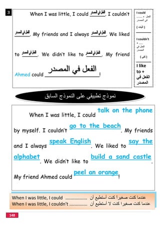 148
I could
....... + ‫اﻟﻔﻌل‬
‫اﻟﻣﺻدر‬ ‫ﻓﻲ‬
)‫أﺛﺑﺎت‬(
I couldn't
+ .....
‫ﻓﻲ‬ ‫اﻟﻔﻌل‬
‫اﻟﻣﺻدر‬
)‫ﻧﻔﻲ‬(
I like
to +
‫ﻓﻲ‬ ‫اﻟﻔﻌل‬
‫اﻟﻣﺻدر‬
When I was little, I could
talk on the phone
by myself. I couldn’t
go to the beach
. My friends
and I always
speak English
. We liked to
say the
alphabet
. We didn’t like to
build a sand castle
.
My friend Ahmed could
peel an orange
!
When I was little, I could ................. ‫أن‬ ‫أﺳﺗطﯾﻊ‬ ‫ﻛﻧت‬ ً‫ا‬‫ﺻﻐﯾر‬ ‫ﻛﻧت‬ ‫ﻋﻧدﻣﺎ‬
When I was little, I couldn't .............. ‫أﺳﺗ‬ ‫ﻻ‬ ‫ﻛﻧت‬ ‫ﺻﻐﯾرا‬ ‫ﻛﻧت‬ ‫ﻋﻧدﻣﺎ‬‫أن‬ ‫طﯾﻊ‬
‫ﻧﻣوذج‬‫ﺗطﺑﯾﻘﻲ‬‫اﻟﺳﺎﺑق‬ ‫اﻟﻧﻣوذج‬ ‫ﻋﻠﻰ‬
When I was little, I could _____. I couldn’t
_____. My friends and I always _____. We liked
to _____. We didn’t like to _____. My friend
Ahmed could __________________!
3
}
 