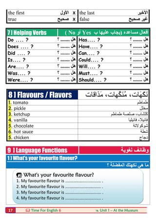  Time For English 6  Unit 1 – At the Museum17
the first ‫اﻷول‬ X the last ‫اﻷﺧﯿﺮ‬
true ‫ﺻﺤﯿﺢ‬ X false ‫ﺻﺤﯿﺢ‬ ‫ﻏﯿﺮ‬
7 ] Helping Verbs ‫ﻣﺴﺎﻋﺪه‬ ‫أﻓﻌﺎل‬)‫ب‬ ‫ﻋﻠﯿﮭﺎ‬ ‫ﯾﺠﺎب‬Yes‫أو‬No(
Do .... ? ‫ھﻞ‬.......‫؟‬ Has.... ? ‫ھﻞ‬.......‫؟‬
Does .... ? ‫ھﻞ‬.......‫؟‬ Have.... ? ‫ھﻞ‬.......‫؟‬
Did .... ? ‫ھﻞ‬.......‫؟‬ Can.... ? ‫ھﻞ‬.......‫؟‬
Is.... ? ‫ھﻞ‬.......‫؟‬ Could.... ? ‫ھﻞ‬.......‫؟‬
Are.... ? ‫ھﻞ‬.......‫؟‬ Will.... ? ‫ھﻞ‬.......‫؟‬
Was.... ? ‫ھﻞ‬.......‫؟‬ Must.... ? ‫ھﻞ‬.......‫؟‬
Were.... ? ‫ھﻞ‬.......‫؟‬ Should.... ? ‫ھﻞ‬.......‫؟‬
8 ] Flavours / Flavors َ‫ﮭ‬ْ‫ﻛ‬َ‫ﻧ‬‫ﺎت‬‫ﱢﮭ‬‫ﻛ‬َ‫ﻧ‬ُ‫ﻣ‬ ،،‫ﺎت‬‫َذَا‬‫ﻣ‬‫ﻗ‬‫ﺎت‬
1. tomato ‫طﻣﺎطم‬
2. pickle ‫ﻣﺧﻠل‬
3. ketchup ‫طﻣﺎطم‬ ‫ﺻﻠﺻﺔ‬ ،‫ْﺷﺎب‬‫ﺗ‬َ‫ﻛ‬
4. vanilla ‫ﻓﺎﻧﯾﻠﯾﺎ‬ ،‫ﻓﺎﻧﯾﻼ‬
5. chocolate ‫ﺷوﻛوﻻﺗﺔ‬
6. hot sauce ‫ﺷطﺔ‬
5. chicken ‫دﺟﺎج‬
9 ] Language Functions ‫ﻟﻐﻮﯾﺔ‬ ‫وظﺎﺋﻒ‬
1 ) What's your favourite flavour?
‫؟‬ ‫اﻟﻤﻔﻀﻠﺔ‬ ‫ﻧﻜﮭﺘﻚ‬ ‫ھﻲ‬ ‫ﻣﺎ‬
 What's your favourite flavour?
1. My favourite ﬂavour is .............................. .
2. My favourite ﬂavour is .............................. .
3. My favourite ﬂavour is .............................. .
4. My favourite ﬂavour is .............................. .
 
