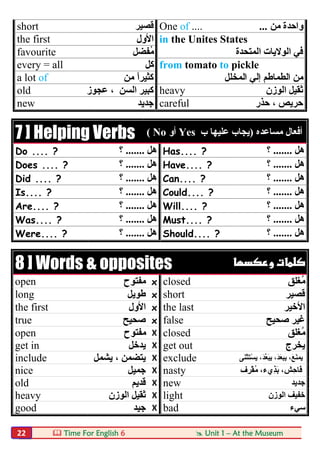  Time For English 6  Unit 1 – At the Museum22
short ‫ﻗﺼﯿﺮ‬ One of .... ‫ﻣ‬ ‫واﺣﺪة‬‫ﻦ‬...
the first ‫اﻷول‬ in the Unites States
favourite ‫ُﻔﻀﻞ‬‫ﻣ‬ ‫اﻟﻤﺘﺤﺪة‬ ‫اﻟﻮﻻﯾﺎت‬ ‫ﻓﻲ‬
every = all ‫ﻛﻞ‬ from tomato to pickle
a lot of ‫ﻣﻦ‬ ً‫ا‬‫ﻛﺜﯿﺮ‬ ‫اﻟﻤﺨﻠﻞ‬ ‫إﻟﻲ‬ ‫اﻟﻄﻤﺎطﻢ‬ ‫ﻣﻦ‬
old ‫ﻋﺠﻮز‬ ، ‫اﻟﺴﻦ‬ ‫ﻛﺒﯿﺮ‬ heavy ‫اﻟﻮزن‬ ‫ﺛﻘﯿﻞ‬
new ‫ﺟﺪﯾﺪ‬ careful ‫ﺣﺬر‬ ، ‫ﺣﺮﯾﺺ‬
7 ] Helping Verbs ‫أﻓﻌﺎل‬‫ﻣﺴﺎﻋﺪه‬)‫ب‬ ‫ﻋﻠﯿﮭﺎ‬ ‫ﯾﺠﺎب‬Yes‫أو‬No(
Do .... ? ‫ھﻞ‬.......‫؟‬ Has.... ? ‫ھﻞ‬.......‫؟‬
Does .... ? ‫ھﻞ‬.......‫؟‬ Have.... ? ‫ھﻞ‬.......‫؟‬
Did .... ? ‫ھﻞ‬.......‫؟‬ Can.... ? ‫ھﻞ‬.......‫؟‬
Is.... ? ‫ھﻞ‬.......‫؟‬ Could.... ? ‫ھﻞ‬.......‫؟‬
Are.... ? ‫ھﻞ‬.......‫؟‬ Will.... ? ‫ھﻞ‬.......‫؟‬
Was.... ? ‫ھﻞ‬.......‫؟‬ Must.... ? ‫ھﻞ‬.......‫؟‬
Were.... ? ‫ھﻞ‬.......‫؟‬ Should.... ? ‫ھﻞ‬.......‫؟‬
8 ] Words & opposites  
open ‫ﻣﻔﺘﻮح‬ x closed ‫ُﻐﻠﻖ‬‫ﻣ‬
long ‫طﻮﯾﻞ‬ x short ‫ﻗﺼﯿﺮ‬
the first ‫اﻷول‬ x the last ‫اﻷﺧﯿﺮ‬
true ‫ﺻﺤﯿﺢ‬ x false ‫ﺻﺤﯿﺢ‬ ‫ﻏﯿﺮ‬
open ‫ﻣﻔﺘﻮح‬ X closed ‫ُﻐﻠﻖ‬‫ﻣ‬
get in ‫ﯾﺪﺧﻞ‬ X get out ‫ﯾﺨﺮج‬
include ‫ﯾﺸﻤﻞ‬ ، ‫ﯾﺘﻀﻤﻦ‬ X exclude ‫ﯾ‬،َ‫ﻊ‬َ‫ﻨ‬‫ﻤ‬‫ﯾﺒ‬،َ‫ﺪ‬َ‫ﻌ‬‫ﯾ‬،َ‫ﺪ‬‫ﱠ‬‫ﻌ‬َ‫ﺒ‬ِ‫ﯾ‬‫َﻰ‬‫ﻨ‬ْ‫ﺜ‬َ‫ﺘ‬ْ‫ﺴ‬
nice ‫ﺟﻤﯿﻞ‬ X nasty ‫ِف‬‫ﺮ‬ْ‫ﻘ‬ُ‫ﻣ‬ ،‫ِيء‬‫ﺬ‬َ‫ﺑ‬ ،‫ِﺶ‬‫ﺣ‬‫َﺎ‬‫ﻓ‬
old ‫ﻗﺪﯾﻢ‬ X new ‫ﺟﺪﯾﺪ‬
heavy ‫اﻟﻮزن‬ ‫ﺛﻘﯿﻞ‬ X light ‫اﻟﻮزن‬ ‫ﺧﻔﯿﻒ‬
good ‫ﺟﯿﺪ‬ X bad ‫ﺳ‬‫ﻲء‬
 