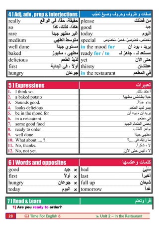  Time For English 6  Unit 2 – In the Restaurant28
4 ] Adj, adv , prep & interjections َ‫ﻔ‬ِ‫ﺻ‬‫و‬ ‫ﺎت‬‫و‬ ‫وﺣﺮوف‬ ‫ظﺮوف‬‫ﺐ‬‫َﺠﱡ‬‫ﻌ‬َ‫ﺗ‬ ‫ﺻﯿﻎ‬
really ‫اﻟﻮاﻗﻊ‬ ‫ﻓﻲ‬ ،ً‫ﺎ‬ًّ‫ﻘ‬َ‫ﺣ‬ ،ً‫ﺔ‬َ‫ﻘ‬‫ِﯿ‬‫ﻘ‬َ‫ﺣ‬ please ‫ﻠﻚ‬ْ‫َﻀ‬‫ﻓ‬ ‫ﻣﻦ‬
so ‫َا‬‫ﺬ‬َ‫ﻛ‬ ،َ‫ِﻚ‬‫ﻟ‬ ٰ‫َﺬ‬‫ﻛ‬ ،‫ھﻜﺬا‬ good ‫ﺟﯿﺪ‬
rare ً‫ا‬‫ﺟﯿﺪ‬ ‫ﻣﻄﮭﻮ‬ ‫ﻏﯿﺮ‬ today ‫اﻟﯿﻮم‬
medium ‫اﻟﻄﮭﻲ‬ ‫ﻣﺘﻮﺳﻂ‬ special َ‫ُﺨ‬‫ﻣ‬‫ُﻮص‬‫ﺼ‬ ْ‫َﺨ‬‫ﻣ‬ ،ّ‫ﺧﺎص‬ ،ّ‫ﻲ‬ِ‫ُﻮﺻ‬‫ﺼ‬ُ‫ﺧ‬ ،‫ﱠﺺ‬‫ﺼ‬
well done ً‫ا‬‫ﺟﯿﺪ‬ ‫ﻣﺴﺘﻮي‬ in the mood for ‫أن‬ ‫ﯾﻮد‬ ، ‫ﯾﺮﯾﺪ‬
baked ‫ﻣﺨﺒﻮز‬ ، ‫ﻣﻄﮭﻲ‬ ready for / to ‫ﻟـ‬ ‫ﺟﺎھﺰ‬ ، ‫ﻟـ‬ ‫ﻣﺴﺘﻌﺪ‬
delicious ‫اﻟﻄﻌﻢ‬ ‫ﻟﺬﯾﺬ‬ yet ‫اﻵن‬ ‫ﺣﺘﻰ‬
first ‫اﻟﺒﺪاﯾﺔ‬ ‫ﻓﻲ‬ ، ً‫ﻻ‬‫أو‬ thirsty ‫ﻋﻄﺸﺎن‬
hungry ‫ﺟﻮﻋﺎن‬ in the restaurant ‫اﻟﻤﻄﻌﻢ‬ ‫ﻓﻲ‬
5 ] Expressions ‫ﺗﻌﺒﯿﺮات‬
1. I think so. ‫ذﻟﻚ‬ ‫أﻋﺘﻘﺪ‬.
2. a baked potato ‫ﻣﻄﮭﯿﺔ‬ ‫ﺑﻄﺎطﺲ‬ ‫ﺣﺒﺔ‬
3. Sounds good. ً‫ا‬‫ﺟﯿﺪ‬ ‫ﯾﺒﺪو‬.
4. looks delicious ‫اﻟﻄﻌﻢ‬ ‫ﻟﺬﯾﺬ‬ ‫ﯾﺒﺪو‬
5. be in the mood for ‫أن‬ ‫ﯾﻮد‬ ، ‫أن‬ ‫ﯾﺮﯾﺪ‬
6. in a restaurant ‫ﻣﻄﻌﻢ‬ ‫ﻓﻲ‬
7. some good food ‫اﻟﺠﯿﺪ‬ ‫اﻟﻄﻌﺎم‬ ‫ﺑﻌﺾ‬
8. ready to order ‫ﺟﺎھ‬‫ﻟﻠﻄﻠﺐ‬ ‫ﺰ‬
9. well done ‫ﻣﻄﮭ‬‫ﻰ‬ً‫ا‬‫ﺟﯿﺪ‬
10. What about .... ? ‫ﻓﻲ‬ ‫رأﯾﻚ‬ ‫ﻣﺎ‬....‫؟‬
11. No, thanks. ً‫ا‬‫ﺷﻜﺮ‬ ، ‫ﻻ‬.
12. No, not yet. ‫اﻵن‬ ‫ﺣﺘﻰ‬ ‫ﻟﯿﺲ‬ ، ‫ﻻ‬.
6 ] Words and opposites ‫وﻋﻜﺴﮭﺎ‬ ‫ﻛﻠﻤﺎت‬
good ‫ﺟﯿﺪ‬ x bad ‫ﱢﺊ‬‫ﯿ‬َ‫ﺳ‬
first ً‫ﻻ‬‫أو‬ x last ً‫ا‬‫أﺧﯿﺮ‬
hungry ‫ﺟﻮﻋﺎن‬ x full up ‫ﺷﺒﻌﺎن‬
today ‫اﻟﯿﻮم‬ x tomorrow ً‫ا‬‫ﻏﺪ‬
7 ] Read & Learn ‫وﺗﻌﻠﻢ‬ ‫أﻗﺮأ‬
1] Are you ready to order?
 