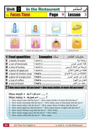  Time For English 6  Unit 2 – In the Restaurant33
Unit 2 In the Restaurant ‫اﻟﻣطﻌم‬ ‫ﻓﻲ‬
 Focus Time Page 9 Lesson 3
a bottle of water a can of lemonade a slice of turkey a piece of apple pie
a bowl of chicken soup a glass of orange juice a cup of coffee a loaf of bread
1 ] Food quantities Examples ‫أ‬‫ﻣﺛﻠﺔ‬ ‫اﻟطﻌﺎم‬ ‫ﺣﺎوﯾﺎت‬
1) a bottle of water I want a ………………………….. ‫ﻣﯾﺎه‬ ‫زﺟﺎﺟﺔ‬
2) a can of lemonade I want a ………………………….. ‫َﺔ‬‫ﺑ‬ْ‫ﻠ‬ُ‫ﻋ‬‫ﻟﯾﻣون‬ ‫ﻋﺻﯾر‬
3) a slice of turkey I want a ………………………….. ‫ﺔ‬َ‫ﯾﺣ‬ ِ‫َر‬‫ﺷ‬‫اﻟروﻣﻲ‬ ‫اﻟدﯾك‬ ‫ﻣن‬
4) a piece of apple pie I want a ………………………….. ‫ﻓطﯾرة‬ ‫ﻣن‬ ‫ﻗطﻌﺔ‬‫اﻟﺗﻔﺎح‬
5) a bowl of chicken soup I had a ………………………….. ‫ّﺔ‬‫ﯾ‬ِ‫ﻧ‬‫ﺎ‬َ‫ط‬ْ‫ﻠ‬ُ‫ﺳ‬‫اﻟدﺟﺎج‬ ‫ﺷورﺑﺔ‬ ‫ﻣن‬
6) a glass of orange juice I had a ………………………….. ‫ﻟﯾﻣون‬ ‫ﻋﺻﯾر‬ ‫ﻣن‬ ‫ﻛوب‬
7) a cup of coffee I had a ………………………….. ‫اﻟﻘﮭوة‬ ‫ﻣن‬ ‫ﻓﻧﺟﺎن‬
8) a loaf of bread I had a ………………………….. ‫اﻟﺧﺑز‬ ‫ﻣن‬ ‫رﻏﯾف‬
2 ] How much water did you have? = How many bottles of water did you have?
How much + ‫ﯾﻌﺪ‬ ‫ﻻ‬ ‫ﻣﻔﺮد‬ ‫اﺳﻢ‬ ….. ?
How many + ‫ﯾﻌﺪ‬ ‫ﺟﻤﻊ‬ ‫اﺳﻢ‬ ……. ?
1 – How much water did she have? = How many bottles of water did she have?
2 – How much lemonade did she have? = How many cans of lemonade did she have?
3 – How much turkey did she have? = How many slices of turkey did she have?
4 – How much apple pie did she have? = How many pieces of apple did she have?
5 – How much chicken soup did she have? = How many ………………………….. ?
6 – How much orange juice did she have? = How many ……………………….……?
7 – How much coffee did she have? = How many ………………………………...... ?
 