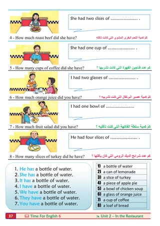  Time For English 6  Unit 2 – In the Restaurant37
4 - How much roast beef did she have? ْ‫ﻢ‬َ‫ﻛ‬‫ﻛﺎﻧﺖ‬ ‫اﻟﺘﻲ‬ ‫اﻟﻤﺸﻮي‬ ‫اﻟﺒﻘﺮى‬ ‫اﻟﻠﺤﻢ‬ ‫ﻛﻤﯿﺔ‬‫ﺗﺄﻛﻠﮫ‬
5 - How many cups of coffee did she have? ‫ﻛﺎﻧﺖ‬ ‫اﻟﺘﻲ‬ ‫اﻟﻘﮭﻮة‬ ‫ﻓﻨﺎﺟﯿﻦ‬ ‫ﻋﺪد‬ ‫ﻛﻢ‬‫ﺗﺸﺮﺑﮭﺎ‬‫؟‬
6 - How much orange juice did you have? ْ‫ﻢ‬َ‫ﻛ‬‫ﻛﻤﯿﺔ‬‫ﻛﻨﺖ‬ ‫اﻟﺘﻲ‬ ‫اﻟﺒﺮﺗﻘﺎل‬ ‫ﻋﺼﯿﺮ‬‫ﺗﺸﺮ‬‫ﺑﯿﮫ‬‫؟‬
7 - How much fruit salad did you have? ْ‫ﻢ‬َ‫ﻛ‬‫ﻛﻤﯿﺔ‬‫ﻛﻨﺖ‬ ‫اﻟﺘﻲ‬ ‫اﻟﻔﺎﻛﮭﺔ‬ ‫ﺳﻠﻄﺔ‬‫ﺗﺄﻛﻠﯿﮫ‬‫؟‬
8 - How many slices of turkey did he have? ‫ﻛﺎن‬ ‫اﻟﺘﻲ‬ ‫اﻟﺮوﻣﻲ‬ ‫اﻟﺪﯾﻚ‬ ‫ﺷﺮاﺋﺢ‬ ‫ﻋﺪد‬ ‫ﻛﻢ‬‫ﯾﺄﻛﻠﮭﺎ‬‫؟‬
1. He has a bottle of water.
2.She has a bottle of water.
3.It has a bottle of water.
4.I have a bottle of water.
5.We have a bottle of water.
6.They have a bottle of water.
7.You have a bottle of water.
She had two slices of ...................... .
She had one cup of ...................... .
I had two glasses of ...................... .
I had one bowl of .......................
He had four slices of ...................... .
1) a bottle of water
2) a can of lemonade
3) a slice of turkey
4) a piece of apple pie
5) a bowl of chicken soup
6) a glass of orange juice
7) a cup of coffee
8) a loaf of bread
 