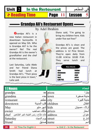  Time For English 6  Unit 2 – In the Restaurant39
Unit 2 In the Restaurant ‫اﻟﻣطﻌم‬ ‫ﻓﻲ‬
 Reading Time Page 11 Lesson 5
Grandpa Ali’s Restaurant Opens
by Adel Ibrahim
Grandpa Ali’s is a
new Italian restaurant in
downtown Sunnyville. It
opened on May 5th. Who
is Grandpa Ali? Is he the
owner? No! The real
Grandpa Ali is the owner’s
grandfather and the chef
at the restaurant.
Last Saturday, Laila Abdo
and her friend Diana
Smith had lunch at
Grandpa Ali’s. “Their pizza
is the best pizza in town,”
Laila said.
Diana said, “I’m going to
bring my children here. Kids
under five eat free!”
Grandpa Ali’s is clean and
the prices are good. The
address is 12 Pine Street.
They’re open daily from
11:00 A.M.to 10:00 P.M.
They serve lunch and
dinner.
1 ] Nouns ‫أﺳﻤﺎء‬
grandpa ‫ﺟﺪ‬ pizza ‫ﺑﯿﺘﺰا‬
grandma ‫ﺟﺪه‬ town ‫ﺻﻐﯿﺮة‬ ‫ﻣﺪﯾﻨﺔ‬
restaurant ‫ﻣﻄﻌﻢ‬ city ‫ﻛﺒﯿﺮة‬ ‫ﻣﺪﯾﻨﺔ‬
downtown ‫اﻟﻤﺪﯾﻨﺔ‬ ‫ﻗﻠﺐ‬ children ‫أطﻔﺎل‬
May ‫ﻣﺎﯾﻮ‬ ‫ﺷﮭﺮ‬ kids ‫ﺻﺒﯿﺎن‬ ، ‫أوﻻد‬
owner ‫ﺻَﺎﺣِﺐ‬ ،‫ِﻚ‬‫ﻟ‬‫َﺎ‬‫ﻣ‬ prices ‫أﺳﻌﺎر‬
chef ‫ّﺎﺧﯿﻦ‬‫ﺒ‬‫اﻟﻄ‬ ‫ﻛﺒﯿﺮ‬ ،‫اﻟﻄﮭﺎة‬ ‫رﺋﯿﺲ‬ ،‫ﱠﺎخ‬‫ﺒ‬َ‫ط‬ ،ٍ‫ه‬‫َﺎ‬‫ط‬ address ‫ﻋﻨﻮان‬
Saturday ‫اﻟﺴﺒﺖ‬ ‫ﯾﻮم‬ street ‫ﺷﺎرع‬
friend ‫ﺻﺪﯾﻖ‬ name ‫اﺳﻢ‬
new Italian
downtown owner
real chef
best price
A.M/P.M. serve
New Words
 