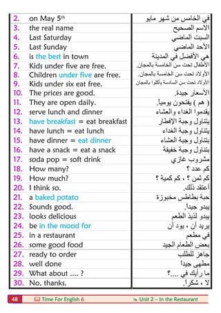  Time For English 6  Unit 2 – In the Restaurant48
2. on May 5th
‫ﻣﺎﯾﻮ‬ ‫ﺷﮭﺮ‬ ‫ﻣﻦ‬ ‫اﻟﺨﺎﻣﺲ‬ ‫ﻓﻲ‬
3. the real name ‫اﻟﺼﺤﯿﺢ‬ ‫اﻻﺳﻢ‬
4. Last Saturday ‫اﻟﻤﺎﺿﻲ‬ ‫اﻟﺴﺒﺖ‬
5. Last Sunday ‫اﻟﻤﺎﺿﻲ‬ ‫اﻷﺣﺪ‬
6. is the best in town ‫اﻟﻤﺪﯾﻨﺔ‬ ‫ﻓﻲ‬ ‫اﻷﻓﻀﻞ‬ ‫ھﻲ‬
7. Kids under five are free. ‫ﺑﺎﻟﻤﺠﺎن‬ ‫اﻟﺨﺎﻣﺴﺔ‬ ‫ﺳﻦ‬ ‫ﺗﺤﺖ‬ ‫اﻷطﻔﺎل‬.
8. Children under five are free. ‫ﺑﺎﻟﻤﺠﺎن‬ ‫اﻟﺨﺎﻣﺴﺔ‬ ‫ﺳﻦ‬ ‫ﺗﺤﺖ‬ ‫اﻷوﻻد‬.
9. Kids under six eat free. ‫ﺑﺎﻟﻤﺠﺎن‬ ‫ﯾﺄﻛﻠﻮا‬ ‫اﻟﺴﺎدﺳﺔ‬ ‫ﺳﻦ‬ ‫ﺗﺤﺖ‬ ‫اﻷوﻻد‬
10. The prices are good. ‫ﺟﯿﺪة‬ ‫اﻷﺳﻌﺎر‬.
11. They are open daily. )‫ھﻢ‬(ً‫ﺎ‬‫ﯾﻮﻣﯿ‬ ‫ﯾﻔﺘﺤﻮن‬.
12. serve lunch and dinner ‫واﻟﻌﺸﺎء‬ ‫اﻟﻐﺪاء‬ ‫ﯾﻘﺪﻣﻮا‬
13. have breakfast = eat breakfast ‫اﻹﻓﻄﺎر‬ ‫وﺟﺒﺔ‬ ‫ﯾﺘﻨﺎول‬
14. have lunch = eat lunch ‫اﻟﻐﺪاء‬ ‫وﺟﺒﺔ‬ ‫ﯾﺘﻨﺎول‬
15. have dinner = eat dinner ‫اﻟﻌﺸﺎء‬ ‫وﺟﺒﺔ‬ ‫ﺑﺘﻨﺎول‬
16. have a snack = eat a snack ‫ﺧﻔﯿﻔﺔ‬ ‫وﺟﺒﺔ‬ ‫ﺑﺘﻨﺎول‬
17. soda pop = soft drink ‫ﻏﺎزي‬ ‫ﻣﺸﺮوب‬
18. How many? ‫؟‬ ‫ﻋﺪد‬ ‫ﻛﻢ‬
19. How much? ‫؟‬ ‫ﻛﻤﯿﺔ‬ ‫ﻛﻢ‬ ، ‫؟‬ ‫ﺛﻤﻦ‬ ‫ﻛﻢ‬
20. I think so. ‫ذﻟﻚ‬ ‫أﻋﺘﻘﺪ‬.
21. a baked potato ‫ﻣ‬ ‫ﺑﻄﺎطﺲ‬ ‫ﺣﺒﺔ‬‫ﺨﺒﻮزة‬
22. Sounds good. ً‫ا‬‫ﺟﯿﺪ‬ ‫ﯾﺒﺪو‬.
23. looks delicious ‫اﻟﻄﻌﻢ‬ ‫ﻟﺬﯾﺬ‬ ‫ﯾﺒﺪو‬
24. be in the mood for ‫أن‬ ‫ﯾﻮد‬ ، ‫أن‬ ‫ﯾﺮﯾﺪ‬
25. in a restaurant ‫ﻣﻄﻌﻢ‬ ‫ﻓﻲ‬
26. some good food ‫اﻟﺠﯿﺪ‬ ‫اﻟﻄﻌﺎم‬ ‫ﺑﻌﺾ‬
27. ready to order ‫ﻟﻠﻄﻠﺐ‬ ‫ﺟﺎھﺰ‬
28. well done ً‫ا‬‫ﺟﯿﺪ‬ ‫ﻣﻄﮭﻰ‬
29. What about .... ? ‫ﻓﻲ‬ ‫رأﯾﻚ‬ ‫ﻣﺎ‬....‫؟‬
30. No, thanks. ً‫ا‬‫ﺷﻜﺮ‬ ، ‫ﻻ‬.
 