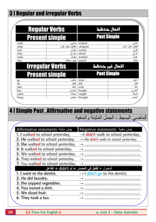  Time For English 6  Unit 3 – Daily Activities59
3 ] Regular and irregular Verbs
4 ] Simple Past , Affirmative and negative statements
‫اﻟﻣﺎﺿﻲ‬‫اﻟﺑﺳﯾط‬،‫واﻟﻣﻧﻔﯾﺔ‬ ‫اﻟﻣﺛﺑﺗﺔ‬ ‫اﻟﺟﻣل‬
Regular Verbs 
Present simple Past Simple
walk ‫ﯾﻤﺸﻲ‬ walked َ‫ﻲ‬‫ﻣﺸ‬
chop ‫ﯾ‬،َ‫ﻊ‬َ‫ﻄ‬َ‫ﻘ‬‫ﯾ‬،‫ﱠ‬‫ﻖ‬َ‫ﺸ‬‫ﯾ‬َ‫ﻔ‬َ‫م‬َ‫ﺮ‬ chopped َ‫م‬‫ﻓﺮ‬ ، َ‫ﻖ‬‫ﺷ‬ ، َ‫ﻊ‬‫ﻗﻄ‬
iron ‫ﯾﻜﻮي‬ ironed َ‫ي‬‫ﻛﻮ‬
slice ‫ﯾ‬َ‫ح‬‫ﱠ‬‫ﺮ‬َ‫ﺸ‬ sliced َ‫ح‬‫ﱠ‬‫ﺮ‬َ‫ﺷ‬
wash ‫ﯾﻐﺴﻞ‬ washed َ‫ﻞ‬‫ﻏﺴ‬
stay ‫ﯾﻤﻜﺚ‬ ، ‫ﯾﻘﯿﻢ‬ stayed َ‫ﻣﻜﺚ‬
Irregular Verbs 
Present simple Past Simple
go ‫ﯾﺬھﺐ‬ went َ‫ذھﺐ‬
do ‫ﯾﻔﻌﻞ‬ did َ‫ﻞ‬‫ﻓﻌ‬
take ‫ﯾﺄﺧﺬ‬ took ‫أ‬ّ‫ﺬ‬‫ﺧ‬
buy ‫ﯾﺸﺘﺮي‬ bought َ‫ي‬‫أﺷﺘﺮ‬
catch ‫ﯾﻤﺴﻚ‬ caught َ‫ﻚ‬‫أﻣﺴ‬
bring ‫ﯾﺤﻀﺮ‬ brought َ‫ﺮ‬‫أﺣﻀ‬
Affirmative statements ‫ﻣﺛﺑﺗﺔ‬ ‫ﺟﻣل‬ Negative statements ‫ﻣﻧﻔﯾﺔ‬ ‫ﺟﻣل‬
1. I walked to school yesterday. →I didn't walk to school yesterday.
2. He walked to school yesterday. → He didn't walk to school yesterday.
3. She walked to school yesterday. → …………...……………………….
4. It walked to school yesterday. → …………...……………………….
5. We walked to school yesterday. → …………...……………………….
6. They walked to school yesterday. → …………...……………………….
7. You walked to school yesterday. → …………...……………………….
‫اﻟﻔﺎﻋل‬ + didn't ‫ﻟم‬ + ‫اﻟﻣﺻدر‬ ‫ﻓﻲ‬ ‫اﻟﻔﻌل‬ + ‫اﻟﻣﻔﻌول‬
1. I went to the dentist. → I didn't go to the dentist.
2. He did laundry. → …………...……………………….
3. She copped vegetables. → …………...……………………….
4. You ironed a shirt. → …………...……………………….
5. We sliced fruit. → …………...……………………….
6. They took a bus. → …………...……………………….
 