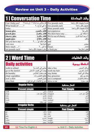  Time For English 6  Unit 3 – Daily Activities69
1 ] Conversation Time 
Can I help you? ‫؟‬ ‫ﺧﺪﻣﺔ‬ ‫أي‬ ، ‫؟‬ ‫ﻣﺴﺎﻋﺪﺗﻚ‬ ‫ﯾﻤﻜﻨﻨﻲ‬ ‫ھﻞ‬ five pounds each ‫واﺣﺪة‬ ‫ﻟﻜﻞ‬ ‫ﺟﻨﯿﮭﺎت‬ ‫ﺧﻤﺴﺔ‬
What kinds of ……? ‫أﻧﻮاع‬ ‫ھﻲ‬ ‫ﻣﺎ‬..‫؟‬ two pounds each ‫واﺣﺪة‬ ‫ﻟﻜﻞ‬ ‫ﺟﻨﯿﮭﺎن‬
today ‫اﻟﯿﻮم‬ three pounds each ‫واﺣﺪة‬ ‫ﻟﻜﻞ‬ ‫ﺟﻨﯿﮭﺎت‬ ‫ﺛﻼﺛﺔ‬
lemon pies ‫ﺑﺎﻟﻠﯿﻤﻮن‬ ‫ﻓﻄﺎﺋﺮ‬ too expensive ‫ﺟﺪا‬ ‫ﻏﺎﻟﻰ‬
peach pies ‫ﺑﺎﻟﺨﻮخ‬ ‫ﻓﻄﺎﺋﺮ‬ We don't have any … ‫ﻧﻤﺘﻠﻚ‬ ‫ﻻ‬‫أي‬.........
cherry pies ‫ﺑﺎﻟﻜﺮﯾﺰ‬ ‫ﻓﻄﺎﺋﺮ‬ We're out of cherry. ‫ﻛﺮﯾﺰ‬ ‫ﻟﺪﯾﻨﺎ‬ ‫ﯾﻮﺟﺪ‬ ‫ﻻ‬.
apple pies ‫ﺑﺎﻟﺘﻔﺎح‬ ‫ﻓﻄﺎﺋﺮ‬ but ‫وﻟﻜﻦ‬
Do you have any ..? ‫أي‬ ‫ﻟﺪﯾﻜﻢ‬ ‫ھﻞ‬......‫؟‬ and ‫و‬
very nice ً‫ا‬‫ﺟﺪ‬ ‫ﻟﺬﯾﺬة‬ get ‫ﯾﺤﻀﺮ‬
How much …? ‫ﺛﻤﻦ‬ ‫ﻣﺎ‬..‫؟‬ Great. ‫َﺎز‬‫ﺘ‬ْ‫ﻤ‬ُ‫ﻣ‬.
ten pounds each ‫واﺣﺪة‬ ‫ﻟﻜﻞ‬ ‫ﺟﻨﯿﮭﺎت‬ ‫ﻋﺸﺮة‬ a fresh pie ‫طﺎزﺟﺔ‬ ‫ﻓﻄﯿﺮة‬
2 ] Word Time  
Daily activities 
walk to school ‫اﻟﻤﺪرﺳﺔ‬ ‫إﻟﻲ‬ ‫ﯾﻤﺸﻲ‬ take a bus ‫أﺗﻮﺑﯿﺲ‬ ‫ﯾﺮﻛﺐ‬
go to the dentist ‫ط‬ ‫إﻟﻲ‬ ‫ﯾﮭﺬب‬‫اﻷﺳﻨﺎن‬ ‫ﺒﯿﺐ‬ wash my hair ‫ﺷﻌﺮي‬ ‫أﻏﺴﻞ‬
do laundry ‫اﻟﻤﻼﺑﺲ‬ ‫ﺑﻐﺴﻞ‬ ‫ﯾﻘﻮم‬ stay home ‫اﻟﺒﯿﺖ‬ ‫ﻓﻲ‬ ‫ﯾﻤﻜﺚ‬
chop vegetables ‫اﻟﺨﻀﺮوات‬ ‫ﯾﻘﻄﻊ‬ buy groceries ‫ﺳﻠﻊ‬ ‫ﯾﺸﺘﺮي‬
iron a shirt ‫ﻗﻤﯿﺺ‬ ‫ﯾﻜﻮي‬ use a computer ‫ﻛﻤﺒﯿﻮﺗﺮ‬ ‫ﯾﺴﺘﺨﺪم‬
slice fruit ‫اﻟﻔﺎﻛﮭﺔ‬ ‫ﯾﺸﺮح‬)‫ﺷﺮاﺋﺢ‬ ‫إﻟﻲ‬( drive a car ‫ﯾﻘﻮد‬‫ﺳﯿﺎرة‬
Regular Verbs 
Present simple Past Simple
walk ‫ﯾﻤﺸﻲ‬ walked َ‫ﻲ‬‫ﻣﺸ‬
chop ‫ﯾ‬،َ‫ﻊ‬َ‫ﻄ‬َ‫ﻘ‬‫ﯾ‬،‫ﱠ‬‫ﻖ‬َ‫ﺸ‬‫ﯾ‬َ‫م‬َ‫ﺮ‬َ‫ﻔ‬ chopped َ‫م‬‫ﻓﺮ‬ ، َ‫ﻖ‬‫ﺷ‬ ، َ‫ﻊ‬‫ﻗﻄ‬
iron ‫ﯾﻜﻮي‬ ironed َ‫ي‬‫ﻛﻮ‬
slice ‫ﯾ‬َ‫ح‬‫ﱠ‬‫ﺮ‬َ‫ﺸ‬ sliced َ‫ح‬‫ﱠ‬‫ﺮ‬َ‫ﺷ‬
wash ‫ﯾﻐﺴﻞ‬ washed َ‫ﻞ‬‫ﻏﺴ‬
stay ‫ﯾﻤﻜﺚ‬ ، ‫ﯾﻘﯿﻢ‬ stayed َ‫ﻣﻜﺚ‬
Irregular Verbs 
Present simple Past Simple
go ‫ﯾﺬھﺐ‬ went َ‫ذھﺐ‬
do ‫ﯾﻔﻌﻞ‬ did َ‫ﻞ‬‫ﻓﻌ‬
take ‫ﯾﺄﺧﺬ‬ took ّ‫ﺬ‬‫أﺧ‬
buy ‫ﯾﺸﺘﺮي‬ bought َ‫ي‬‫أﺷﺘﺮ‬
catch ‫ﯾﻤﺴﻚ‬ caught َ‫ﻚ‬‫أﻣﺴ‬
bring ‫ﯾﺤﻀﺮ‬ brought َ‫ﺮ‬‫أﺣﻀ‬
Review on Unit 3 – Daily Activities
 