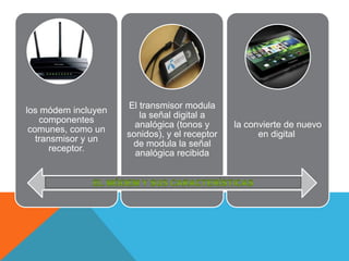 los módem incluyen
componentes
comunes, como un
transmisor y un
receptor.
El transmisor modula
la señal digital a
analógica (tonos y
sonidos), y el receptor
de modula la señal
analógica recibida
la convierte de nuevo
en digital
 