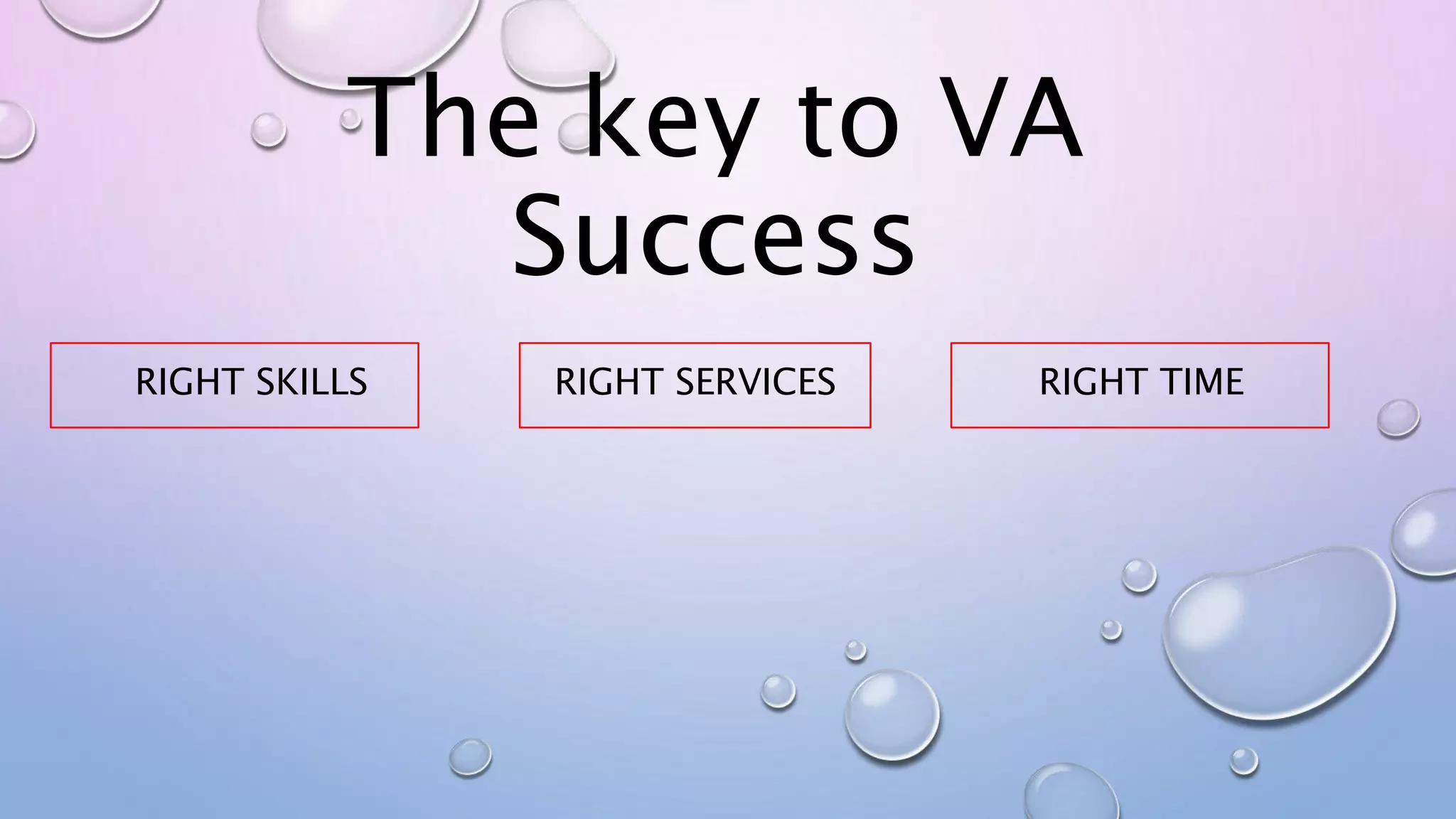 The key to VA
Success
RIGHT SKILLS RIGHT SERVICES RIGHT TIME
 