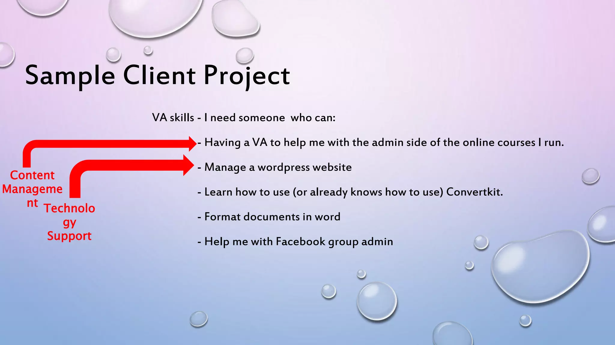 Sample Client Project
VA skills - I need someone who can:
- Having a VA to help me with the admin side of the online courses I run.
- Manage a wordpress website
- Learn how to use (or already knows how to use) Convertkit.
- Format documents in word
- Help me with Facebook group admin
Content
Manageme
nt Technolo
gy
Support
 