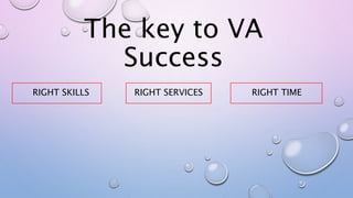The key to VA
Success
RIGHT SKILLS RIGHT SERVICES RIGHT TIME
 
