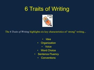 6 Traits of Writing


The 6 Traits of Writing highlights six key characteristics of ‘strong” writing...

                                  • Idea
                               • Organization
                                 • Voice
                               • Word Choice
                             • Sentence Fluency
                               • Conventions
 