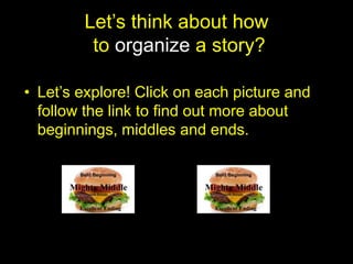 Let’s think about how
         to organize a story?

• Let’s explore! Click on each picture and
  follow the link to find out more about
  beginnings, middles and ends.
 