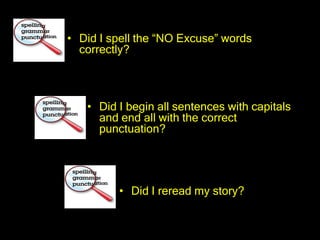 • Did I spell the “NO Excuse” words
  correctly?



   • Did I begin all sentences with capitals
     and end all with the correct
     punctuation?




         • Did I reread my story?
 
