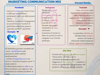  MARKETING COMMUNICATION MIX
Facebook Instagram Youtube
Lancio di contest con il post di foto
e selfie per sensibilizzare i
partecipanti sulla cura della propria
salute.
Obiettivo: aumentare l’engagement
sui social Sixtus in momenti di
particolare attenzione grazie a
“giornate mondiali” specifiche
Esempio
29 Settembre giornata mondiale del
 cuore : sensibilizzare sulla
prevenzione delle malattie
cardiovascolari.
- contest #scelgoilmiocuore con
l'invito a "mostrare il proprio cuore" in
modo creativo.
Si affiancherà anche un video in cui
Sixtus mostrerà i suoi approcci alla
prevenzione di malattie/problemi al
cuore. 
Ripresa del contest
Facebook. 
Inserimento di storie con
l'inserimento
di alcune fotografie
ricevute, di link di
rimando alla pagina
Facebook e ai video
informativi.
Creazione di stories sui
dietro le quinte di eventi e
congressi a cui il brand
partecipa.
  
Video informativi sulla
prevenzione e sulle tecniche
della riabilitazione con il
supporto di Clinical Specialist
e dei prodotti Sixtus.
Obiettivo: informare e
promuovere i prodotti Sixtus.  
 
Lo specialist individua un 
 disturbo fisico, spiega i
sintomi e le cause e
utilizzando l’elettromedicale
Sixtus suggerisce la soluzione.
Sito Web
Puntare ad innovare nella sezione acquisti
"Sixtus Store” all'interno dell'e-
commerce le schede-prodotto con
l’aggiunta di video esplicativi  L’obiettivo è
fornire un’informazione più dettagliata del
prodotto, del suo uso, dei suoi benefici. 
Owned Media
Esempio
 