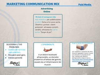  MARKETING COMMUNICATION MIX Paid Media
Advertising
Online
 FB Ads & Instagram Ads
Ads-slideshow per pubblicizzare i
prodotti Sixtus e le nuove uscite.
Obiettivo: portare i clienti
potenziali  ad essere contatti-
vendita, attraverso la Call to
action “Scopri di più”.
 