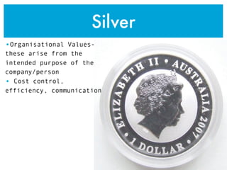 Silver
•Organisational Values-
these arise from the
intended purpose of the
company/person
• Cost control,
efficiency, communication
 