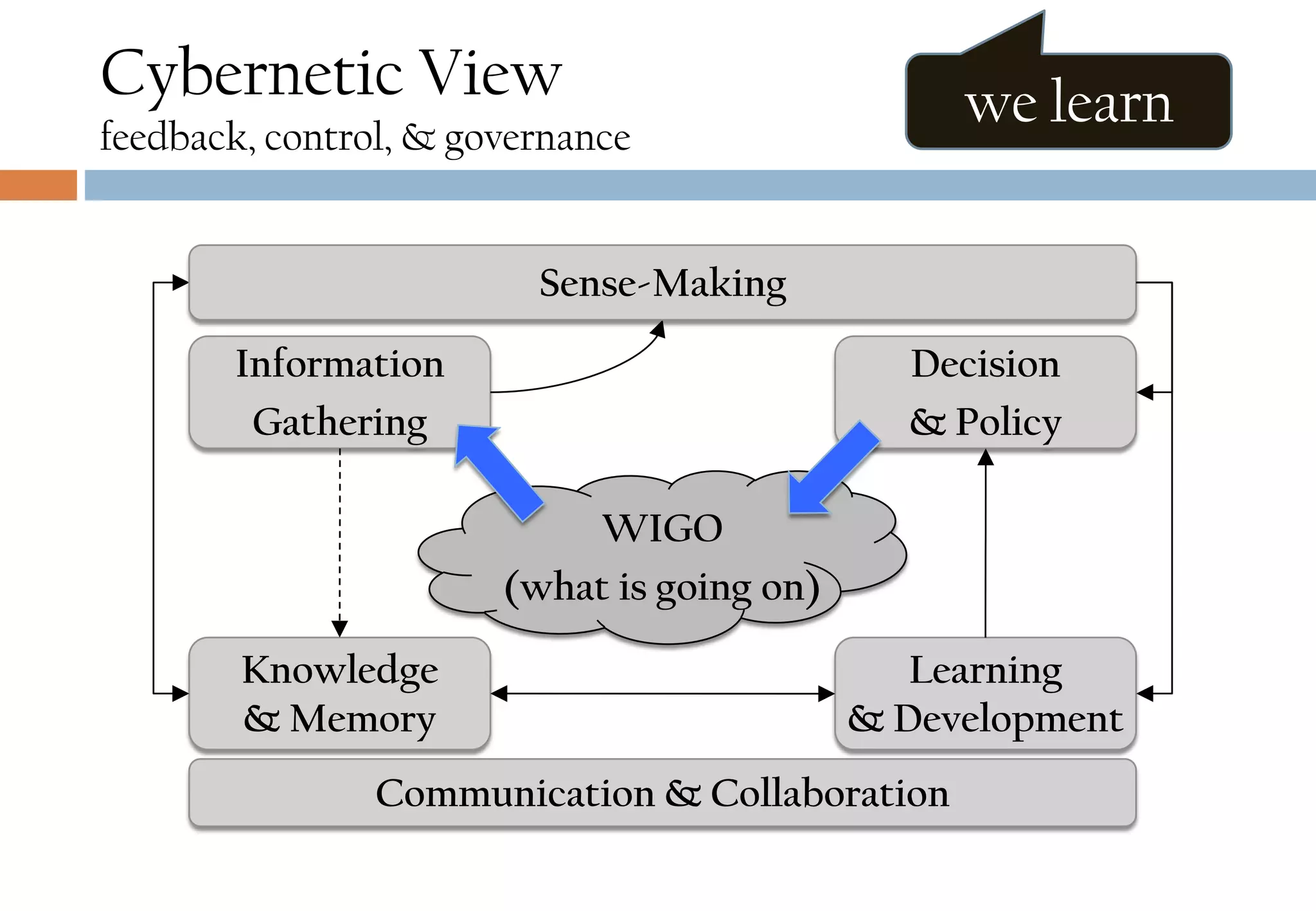 we think
feedback, control, & governance
Learning
& Development
Knowledge
& Memory
Information
Gathering
Decision
& Policy
WIGO
(what is going on)
Communication & Collaboration
Sense-Making
Cybernetic View
feedback, control, & governance
 