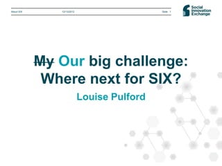 About SIX      12/13/2012                    Slide 1




            My Our big challenge:
             Where next for SIX?
                            Louise Pulford
 