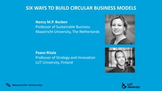 SIX WAYS TO BUILD CIRCULAR BUSINESS MODELS
Nancy M.P. Bocken
Professor of Sustainable Business
Maastricht University, The Netherlands
Paavo Ritala
Professor of Strategy and Innovation
LUT University, Finland
 