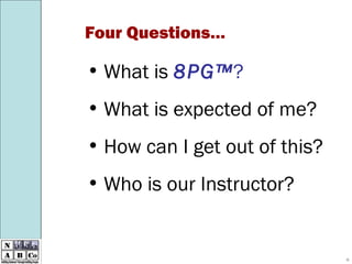 What is  8PG™ ? What is expected of me? How can I get out of this? Who is our Instructor? Four Questions… 4 