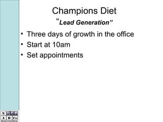 Champions Diet “ Lead Generation” Three days of growth in the office Start at 10am Set appointments 
