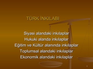 TÜRK İNKILABI


     Siyasi alandaki inkılaplar
      Hukuki alanda inkılaplar
Eğitim ve Kültür alanında inkılaplar
  Toplumsal alandaki inkılaplar
   Ekonomik alandaki inkılaplar

                                       1
 