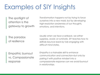 Transformation happens not by trying to force
ourselves into a new mold, but by developing
high-resolution awareness of our thoughts,
emotions, and intentions.
The spotlight of
attention is the
gateway to growth
Usually when we face a setback, we either
suppress, avoid, or ruminate. SIY teaches how to
skillfully bounce back by fully engaging with
difficult mind states.
The paradox
of resilience
Empathy is a trainable skill to enhance
communication and connection–but only by
pairing it with positive mindset into a
compassionate response can we avoid burnout
in relationships.
Empathic burnout
vs. Compassionate
response
Examples of SIY Insights
 