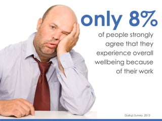 only 8%
of people strongly 	
  
agree that they
experience overall
wellbeing because 	
  
of their work
Gallup Survey, 2013
 