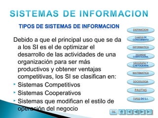 Debido a que el principal uso que se da
a los SI es el de optimizar el
desarrollo de las actividades de una
organización para ser más
productivos y obtener ventajas
competitivas, los SI se clasifican en:
 Sistemas Competitivos
 Sistemas Cooperativos
 Sistemas que modifican el estilo de
operación del negocio
 