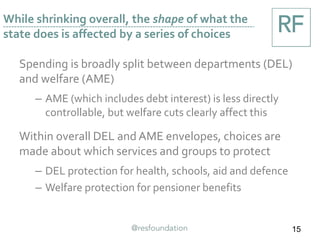 While shrinking overall, the shape of what the
state does is affected by a series of choices
15
Spending is broadly split between departments (DEL)
and welfare (AME)
– AME (which includes debt interest) is less directly
controllable, but welfare cuts clearly affect this
Within overall DEL and AME envelopes, choices are
made about which services and groups to protect
– DEL protection for health, schools, aid and defence
– Welfare protection for pensioner benefits
 
