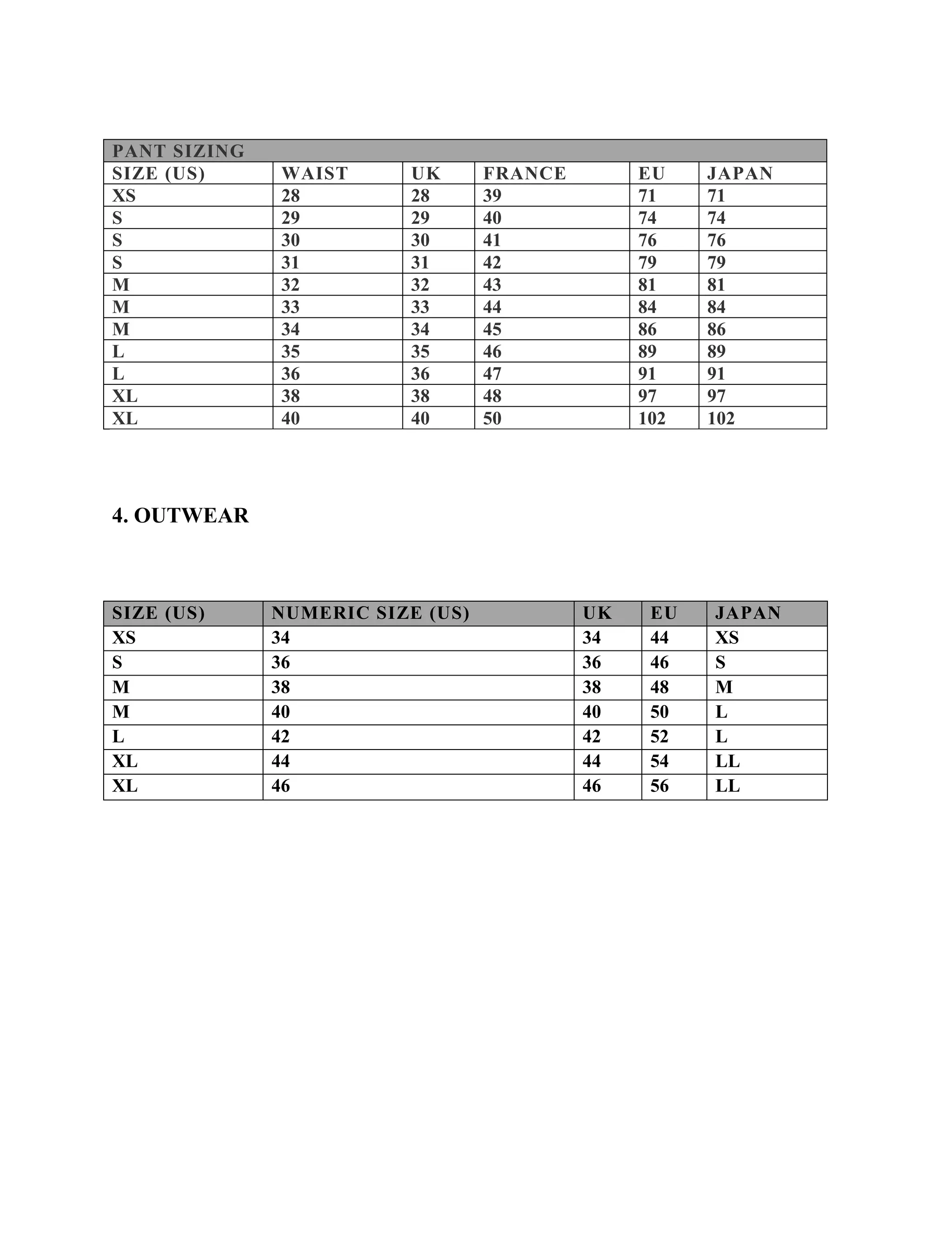 Size Chart J Crew