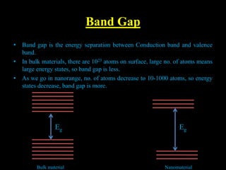 Band Gap
• Band gap is the energy separation between Conduction band and valence
band.
• In bulk materials, there are 1023 atoms on surface, large no. of atoms means
large energy states, so band gap is less.
• As we go in nanorange, no. of atoms decrease to 10-1000 atoms, so energy
states decrease, band gap is more.
Eg
Bulk material
Eg
Nanomaterial
 