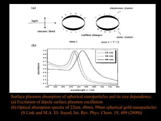 Surface plasmon absorption of spherical nanoparticles and its size dependence.
(a) Excitation of dipole surface plasmon oscillation
(b) Optical absorption spectra of 22nm, 48nm, 99nm spherical gold nanoparticles
(S Link and M.A. El- Sayed, Int. Rev. Phys. Chem. 19, 409 (2000))
 