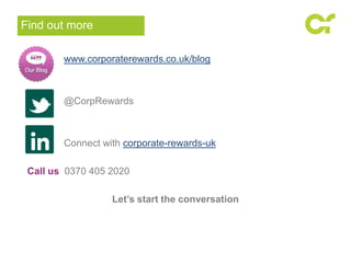 www.corporaterewards.co.uk/blog
@CorpRewards
Connect with corporate-rewards-uk
Call us 0370 405 2020
Let’s start the conversation
Find out more
 