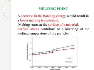 MELTING POINT
A decrease in the bonding energy would result in
a lower melting temperature.
Melting starts at the surface of a material.
Surface atoms contribute to a lowering of the
melting temperature of the particle.
 
