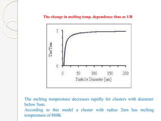 The change in melting temp. dependence thus as 1/R
The melting temperature decreases rapidly for clusters with diameter
below 5nm.
According to this model a cluster with radius 2nm has melting
temperature of 880K
 