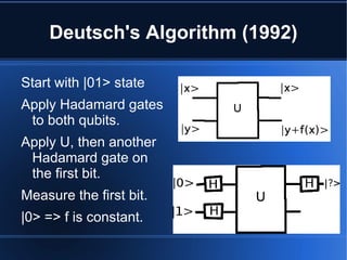 Deutsch's Algorithm (1992)
Start with |01> state
Apply Hadamard gates
to both qubits.
Apply U, then another
Hadamard gate ...