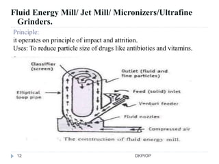 Principle:
it operates on principle of impact and attrition.
Uses: To reduce particle size of drugs like antibiotics and vitamins.
Fluid Energy Mill/ Jet Mill/ Micronizers/Ultrafine
Grinders.
12 DKPIOP
 