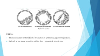 USES –
▶ Stainless steel are preferred in the production of ophthalmic & parentral products.
▶ ball mill at low speed is used for milling dyes , pigments & insecticides.
 