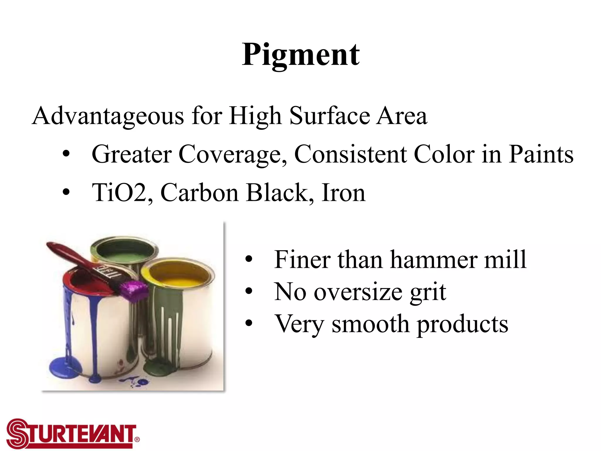 Advantageous for High Surface Area
• Greater Coverage, Consistent Color in Paints
• TiO2, Carbon Black, Iron Oxide
• Finer than hammer mill
• No oversize grit
• Very smooth products
Pigment
 