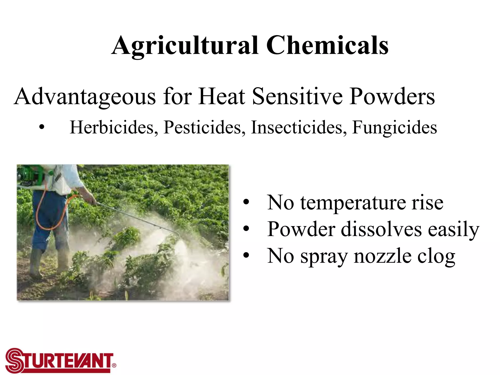 Agricultural Chemicals
Advantageous for Heat Sensitive Powders
• Herbicides, Pesticides, Insecticides, Fungicides
• No temperature rise
• Powder dissolves easily
• No spray nozzle clog
 